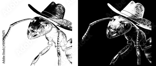 Vintage Ant Cowboy Engraving with Hat, Inverted Black White Xerography Vector on Transparent Background for Laser Engraving on Dark Surface