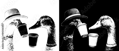 Vintage Ducks Drinking Coffee Engraving, Inverted Black White Xerography Vector on Transparent Background for Laser Engraving on Dark Surface