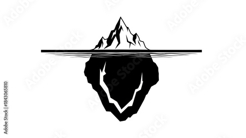 A black and white illustration of an iceberg, showing both the visible tip above the water and the much larger submerged mass below.