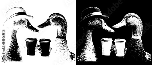 Vintage Ducks Drinking Coffee Engraving, Inverted Black White Xerography Vector on Transparent Background for Laser Engraving on Dark Surface