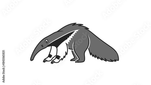A cartoon illustration of a giant anteater with a long snout and bushy tail, depicted in a simple, stylized manner.