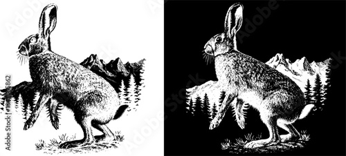 Vintage Hare and Wolves Engraving Scene, Inverted Black White Xerography Vector on Transparent Background for Laser Engraving on Dark Surface