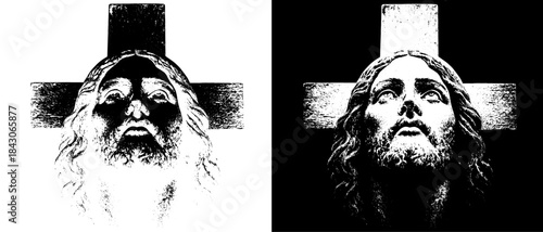 Jesus Christ Face with Cross Engraving, Inverted Black White Xerography Vector on Transparent Background for Laser Engraving on Dark Surface