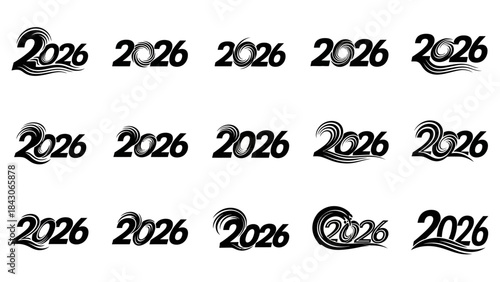 Stylized 2026 logo with various black and white artistic font designs for future event branding