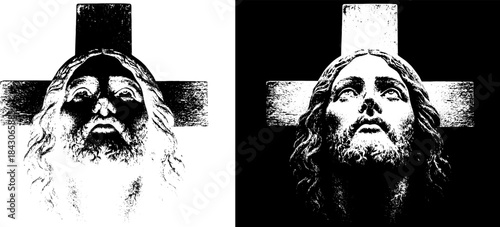 Jesus Christ Face with Cross Engraving, Inverted Black White Xerography Vector on Transparent Background for Laser Engraving on Dark Surface
