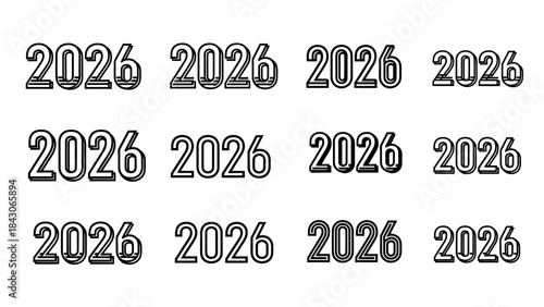 Stylized and repetitive 2026 numerical design with outlined font for modern visual impact