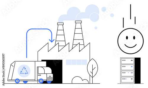 Recycling concept. Recycling process from waste collection truck to processing factories and optimized server management. Recycling promotes sustainability, renewable energy, and eco-efficiency