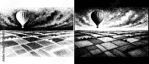 Vintage Hot Air Balloon Landscape Engraving, Inverted Black White Xerography Vector on Transparent Background for Laser Engraving on Dark Surface