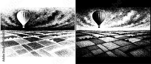 Vintage Hot Air Balloon Landscape Engraving, Inverted Black White Xerography Vector on Transparent Background for Laser Engraving on Dark Surface