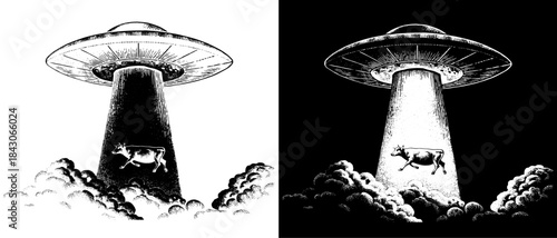 Vintage UFO Abduction Beam Engraving, Inverted Black White Xerography Vector for Laser Engraving on Dark Background