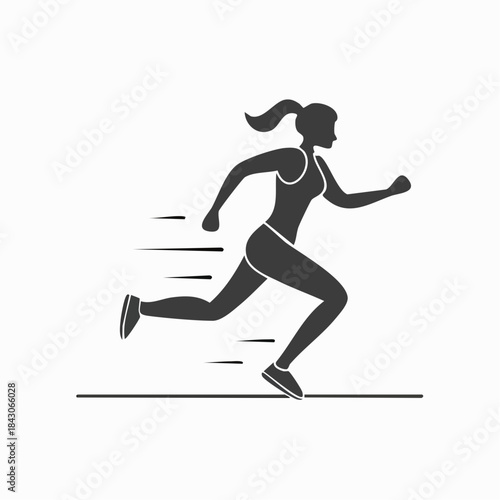 A black silhouette of a female runner in motion with speed lines, depicting fitness and athleticism.