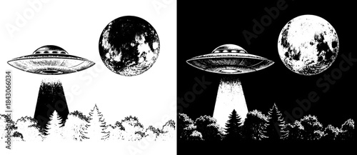 Vintage UFO Abduction Engraving with Moon, Inverted Black White Xerography Vector for Laser Engraving on Dark Background
