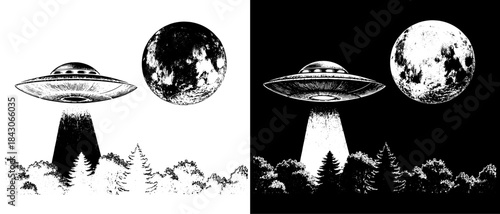 Vintage UFO Abduction Engraving with Moon, Inverted Black White Xerography Vector for Laser Engraving on Dark Background