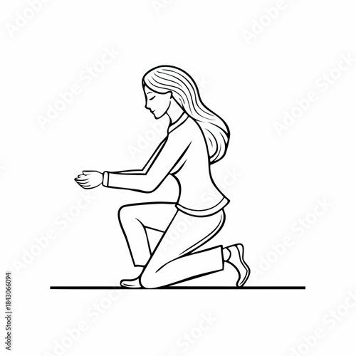 A woman kneeling with open hands, palms up, in a gesture of receiving or supplication.