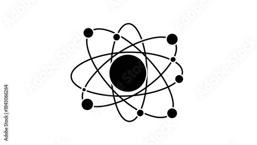 A black and white graphic illustration of an atom with a central nucleus and electrons orbiting in elliptical paths, symbolizing science and atomic structure.