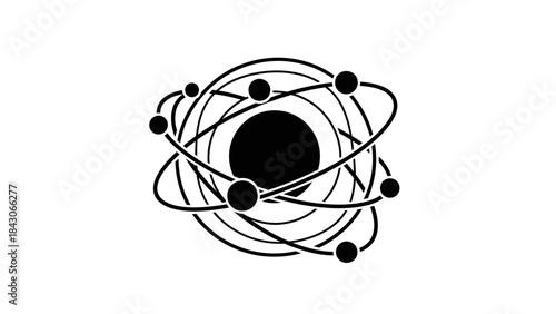 Stylized black and white illustration of an atom with a central nucleus and multiple electrons orbiting in various paths, representing atomic structure.