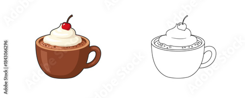 Mugs of hot chocolate with whipped cream and a cherry, one colored and one black and white outline vector illustration for a cafe menu or banner