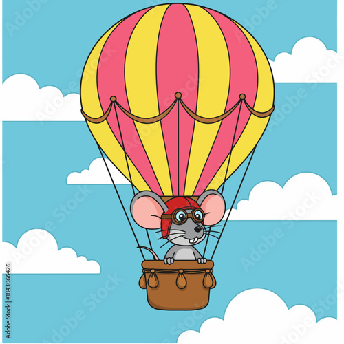 cute cartoon mouse pilot flying hot air balloon in blue sky with clouds whimsical adventure illustration for kids storybook design