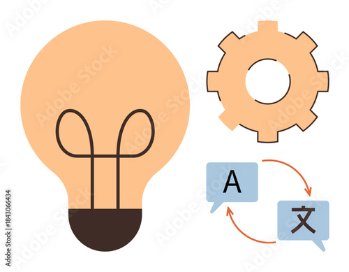 Light bulb for innovation, gear for technology, and speech bubbles for language translation. Ideal for creativity, technology, problem solving, innovation, communication, globalization education