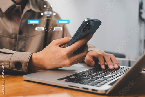 Slika na platnu AI assistant interaction, Person using smartphone chatbot powered by artificial intelligence
