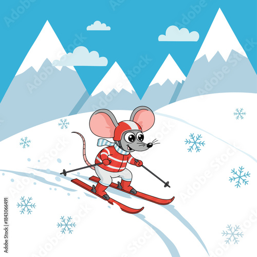 cute cartoon skiing mouse racing downhill on red skis in snowy alpine mountains with snowflakes ideal for winter kids posters