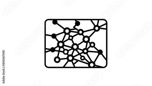 Abstract graphic illustration of a complex interconnected network with various nodes and lines within a rounded rectangular frame.
