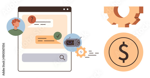 Chat interface with user messages, chatbot, question icon, gear, dollar sign. Ideal for automation, customer service, financial processes, online tools digital communication AI interaction simple