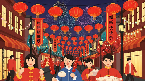 Traditional Chinese New Year lanterns illuminate the temple as a beautiful woman celebrates the fun culture in Asia