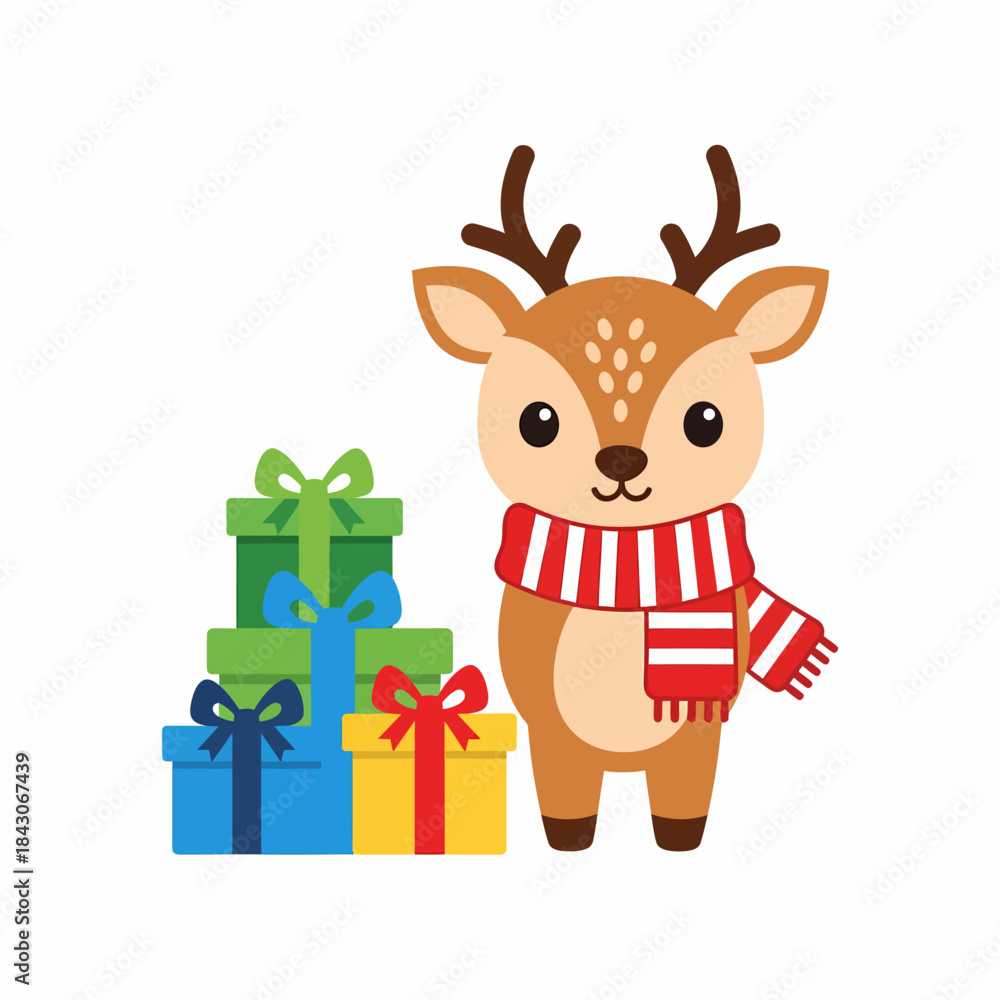 Fototapeta premium Cute Cartoon Reindeer with Scarf and Christmas Gifts.