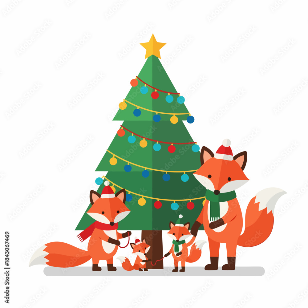 Fototapeta premium Cute Fox Family Celebrating Christmas Together.