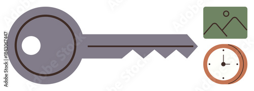 Large key next to a mountain image and wall clock. Ideal for security, access, timing, opportunity, goal achievement, exploration, planning. A simple flat metaphor