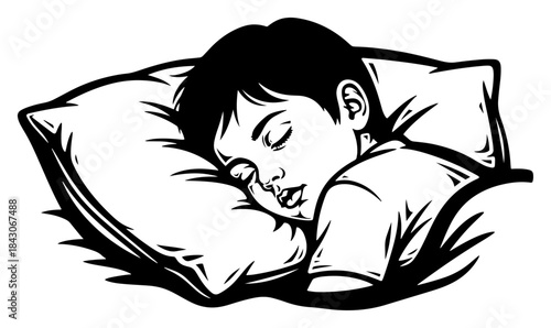 Portrait of a young boy sleeping peacefully on a soft pillow in black and white style