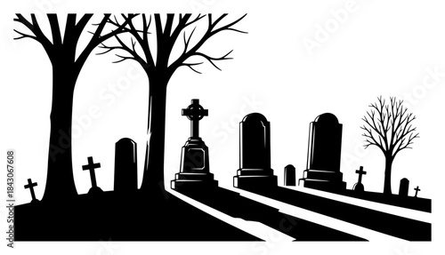 Spooky cemetery landscape with silhouettes of trees and tombstones