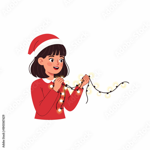 Young girl in Santa hat untangling Christmas lights with a cheerful expression.