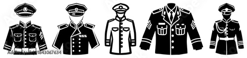 Set of military and police officer uniform icons with hats