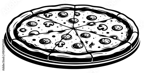 Detailed black and white vector illustration of a whole pepperoni and mushroom pizza in vintage engraving style