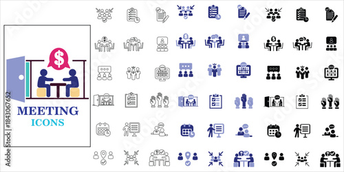 meeting icons set. meeting, seminar, presentation, interview, consultation, participation and more. simple complete vector illustration