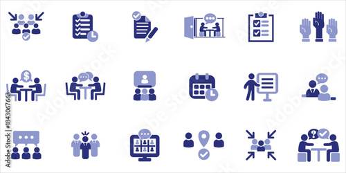 meeting icons set. meeting, seminar, presentation, interview, consultation and more. simple colored vector illustration