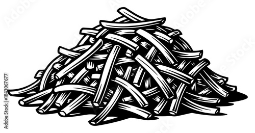Large pile of crispy french fries drawn in a detailed monochrome vintage engraving style for fast food menus