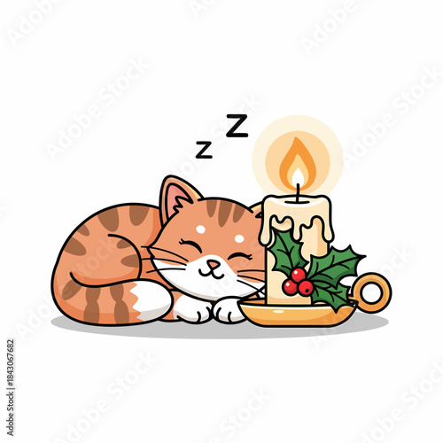 Cute sleeping cat next to a Christmas candle.
