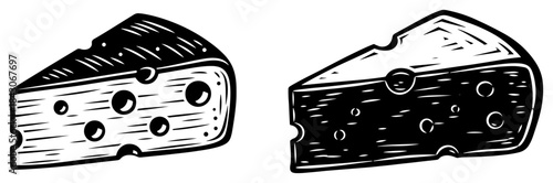 Two triangular wedges of swiss cheese with holes depicted in a retro black and white woodcut style