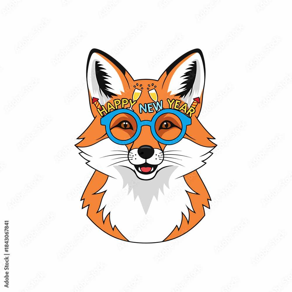 Obraz premium Cute Fox Wearing Happy New Year Glasses Celebration.