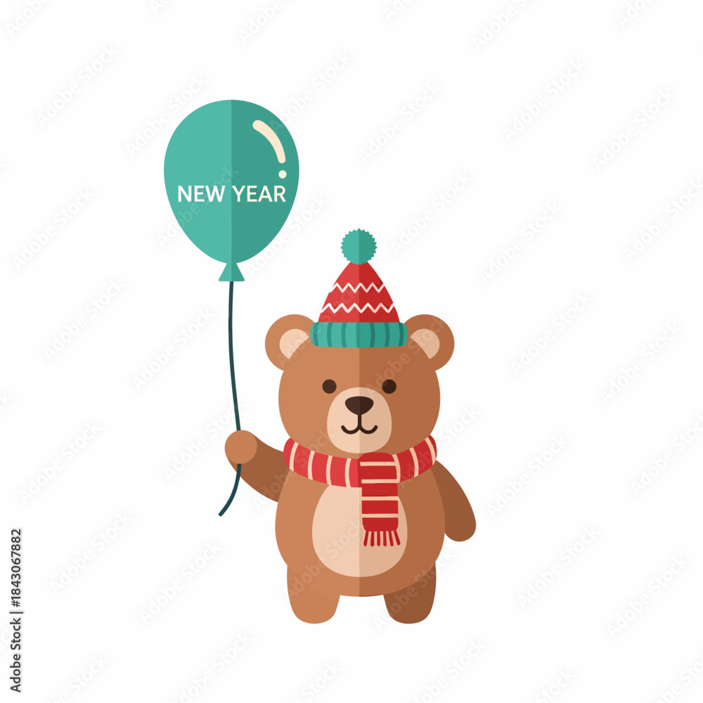 Fototapeta premium Cute Bear in Winter Hat and Scarf Holding New Year Balloon.