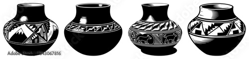 Set of traditional Native American pottery vases with geometric ethnic patterns