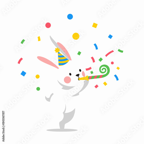 Cute white bunny celebrating with party hat and confetti.