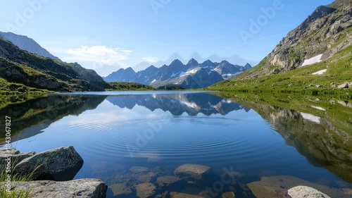Tranquil Lake Scene Surrounded by Mountains Reflected in Clear Water under a Bright Blue Sky