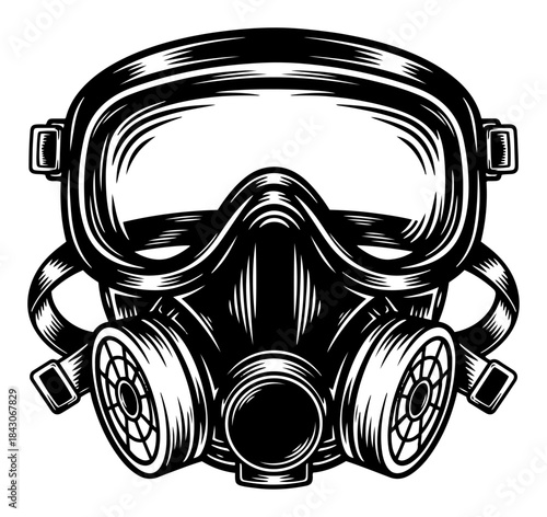 Detailed protective gas mask respirator illustration in vintage engraving style