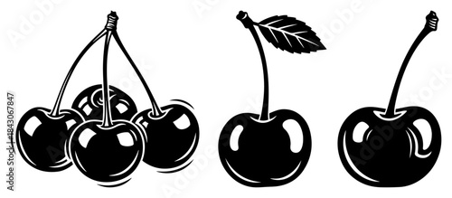 Three fresh cherry fruit silhouettes with stems and leaves