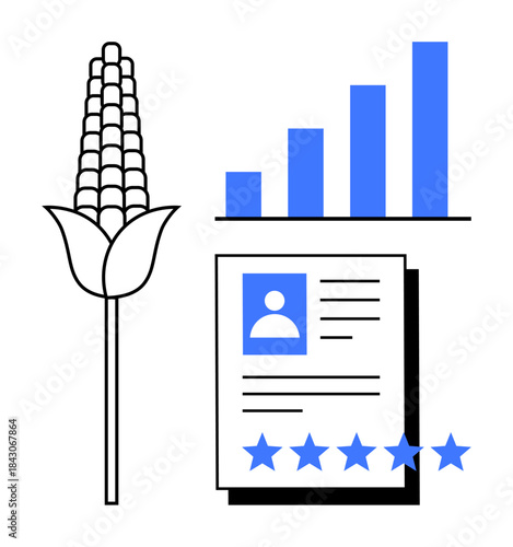 Corn plant illustration adjacent to a bar chart and document with profile and star rating. Ideal for agriculture performance, analytics, quality control, certifications, farming technology, market