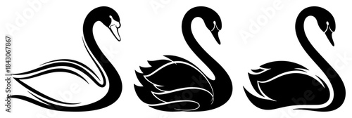 Elegant black swan silhouettes set for logo design